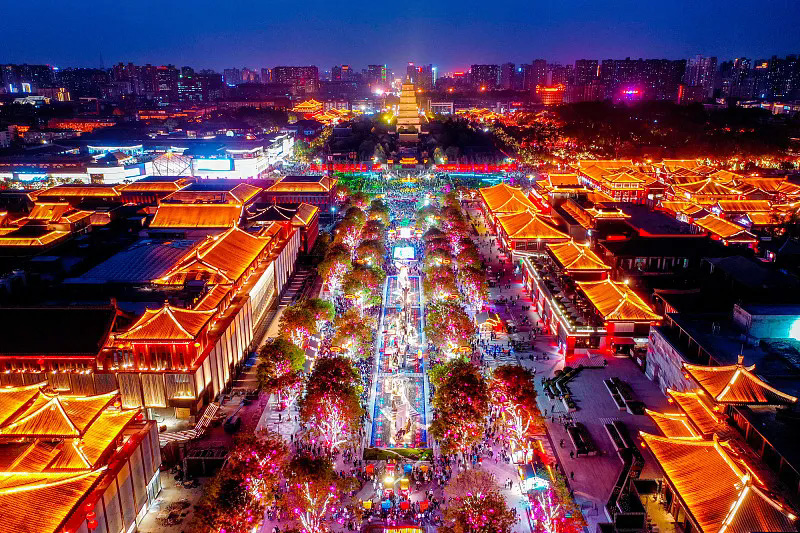 Datang Everbright City illuminated Tang-style street at night, Xi’an