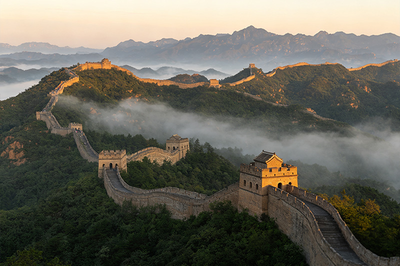 Mutianyu Great Wall snaking over forested mountain ridges