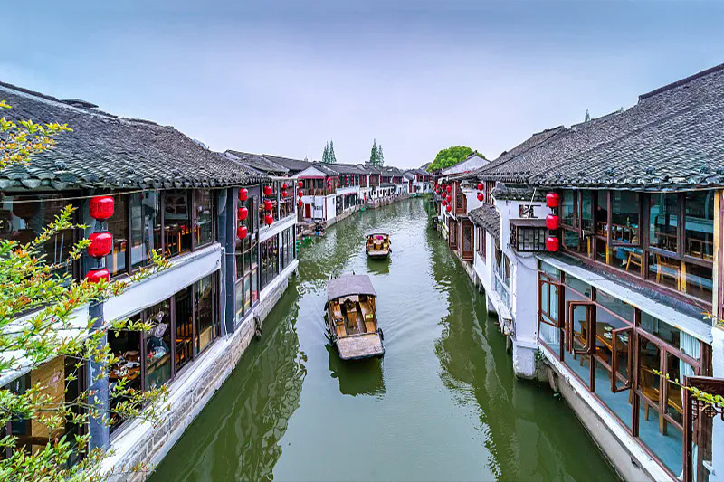 Zhujiajiao ancient water town canal with boats